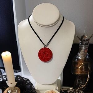 Vintage Cinnabar Medallion Pendant Necklace Dragon‎ Black Satin Cord Hand Carved